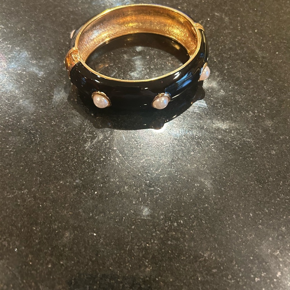 Gold-Tone Black Enamel Bangle with Pearl Accents